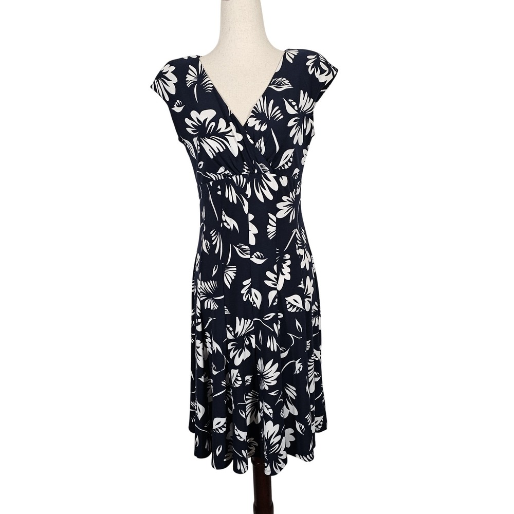 Lauren Ralph Lauren Dress Womens 4 Navy White Floral Sleeveless Fit Flare Summer